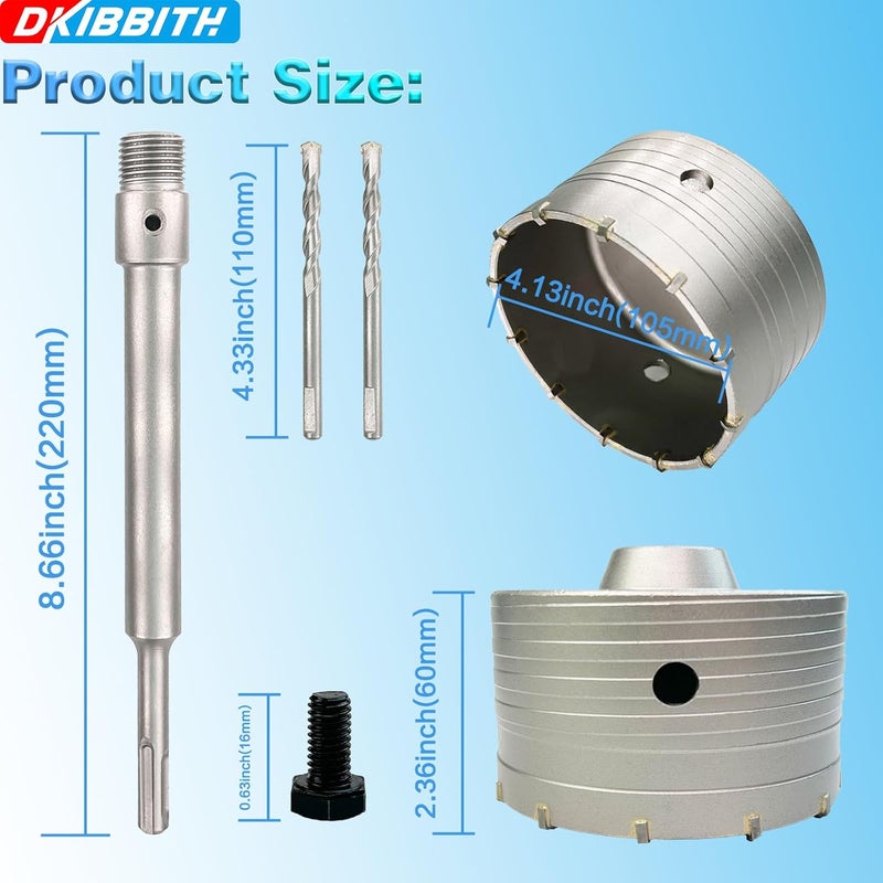 DKIBBITH 4-1/8" Concrete Hole Saw, 105mm Tungsten Steel Core Bit for Cinder Block, Brick, Rock, Plank Walls for Pipes or mini Split Lines, with SDS Plus Shank and 2 Center Positioning Drill Bits. - Image 2
